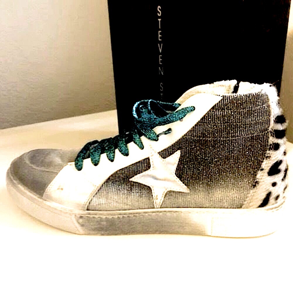 NWT STEVE MADDEN Reiss Distressed High-Top Sneaker Silver Glitter Leopard Fur 10 - Picture 3 of 6